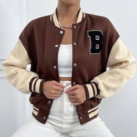 New Letter Patched Striped Trim Drop Shoulder Varsity Jacket Brown 226 - Picture 4 of 6